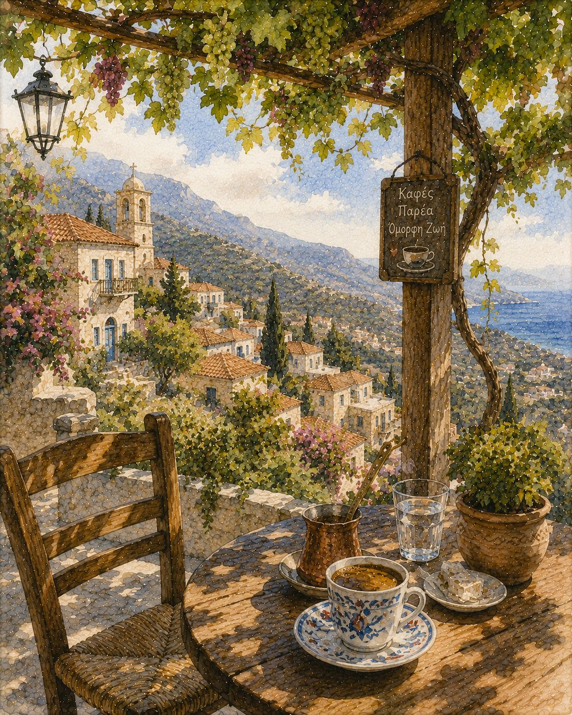 Coffee at the Village Watercolor Print